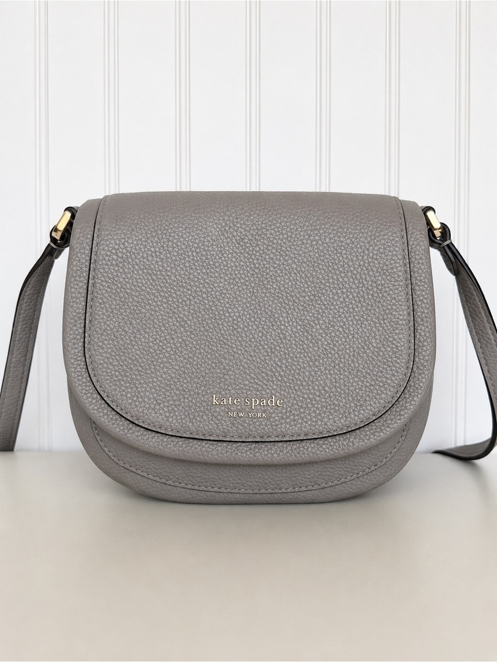 Kate Spade Gray Pebbled Leather Saddle Crossbody Bag Gold Hardware